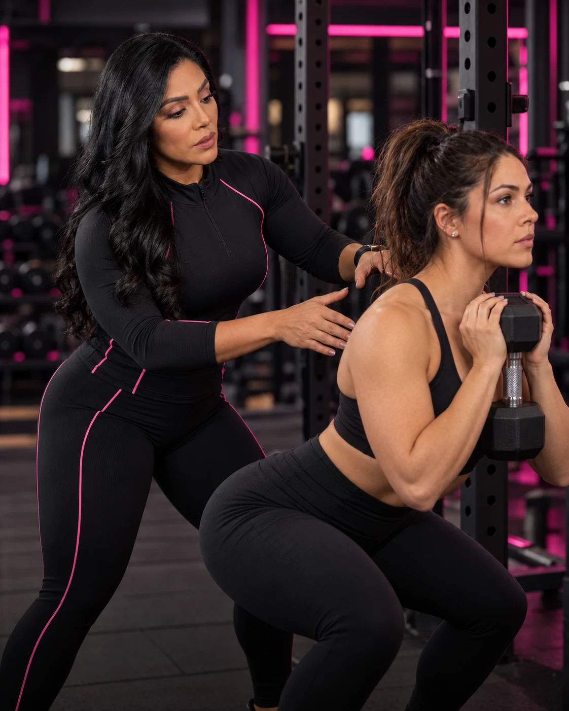 Cris orientando uma aluna no agachamento com halter durante o treino individual